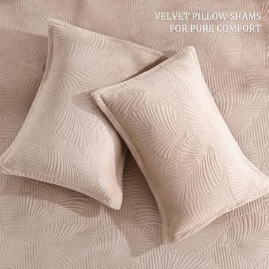DEVIONIX Velvet Quilt Queen Size, 3-Piece Lightweight Soft Summer Quilt Bedding Set, Breathable Light Taupe Bedspread with Pillow Shams, Luxury Ultrasonic Leaf Pattern Coverlet for All Season - Image 6