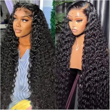 Jumida 30 Inch 13x6 Lace Front Wigs Human Hair Water Wave 200 Density 13x6 HD Full Lace Frontal Wigs Pre Plucked Wet and Wavy Glueless Deep Curly Human Hair Wigs for Women Natural Black - Image 1
