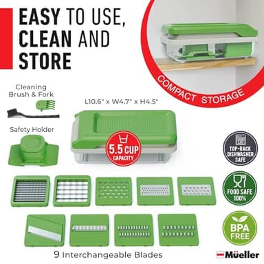 Mueller Vegetable Chopper 9 Blade, Mandoline Slicer, Food Veggie Chopper, Cheese Grater, Onion Vegetable Cutter with Container, Dicer, Kitchen Gadgets & Essentials, White Sand/Green - Image 7