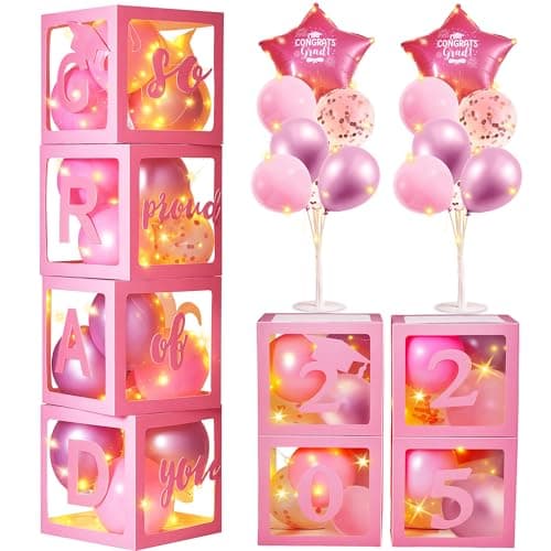 AYGXU Graduation decorations class of 2025 pink- Graduation Decorations, Balloons Box (4PCS) with letters&balloons,balloon stand set for table,LED String Light,graduation party decorations - Image 1