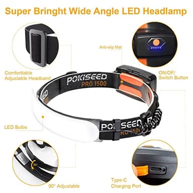 LED Headlamp Rechargeable, Super Bright 1500 Lumens 230° Wide Beam Headlamp, 3 Modes IPX6 Waterproof Lightweight Head Light with Taillight & Clips for Camping, Running,Fishing, Outdoors, Hard Hat Work - Image 2