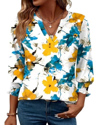 LOMON Women's V Neck 3/4 Sleeve T Shirts Casual Blouses Summer Tees Shirts - Image 1