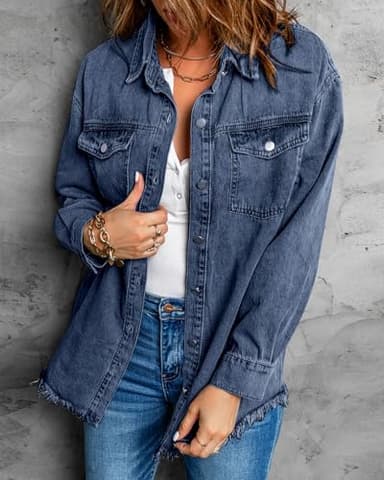 Vetinee Jean Jacket Women Oversized Boyfriend Bay Blue Front Button Up Frayed Raw Hem Long Sleeve Pockets Denim Jean Jacket Shacket X-Large Size 16 Size 18 - Image 4