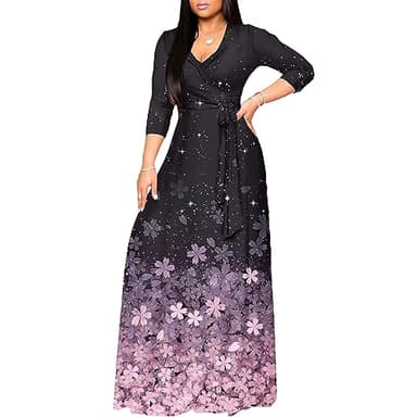 FANDEE Women's 2025 Maxi Dress - Floral Printed Bohemian Summer Long Maxi Dress V-Neck 3/4 Sleeve Sakura XL - Image 2