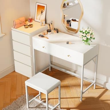 SUPERJARE 35.4" White Desk with 2 Drawers, Modern Makeup Vanity with Padded Stool, Small Computer Desk Home Office Desk for Writing Study Bedroom - Image 7