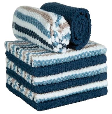 Bumble Premium Dish Cloths Towel 12"x12" | 100% Natural Ring Spun Cotton Tea Towel Set | 430 GSM | Highly Absorbent & Soft Dish Towels | 8 Pack - 4 Popcorn Wide Striped & 4 Solid Kitchen Towels - Blue - Image 4