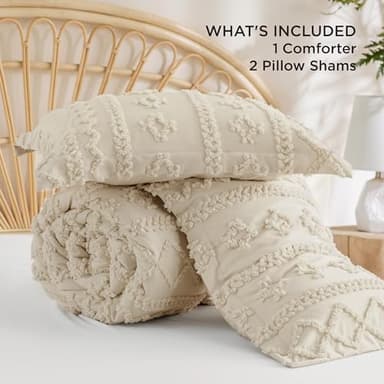 Bedsure Tufted Boho Comforter Set Queen Size - Beige Boho Bed Set, GentleSoft™ 3 Pieces Farmhouse Shabby Chic Embroidery Bedding, Gifts for Woman, Soft Jacquard Queen Comforter for All Seasons - Image 7
