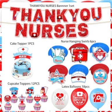 HOWAF Nurse Appreciation Week Decoration Set, 1 Glitter Thank You Nurse Banner, 18pcs Nurse Week Balloons, 6pcs Thank You Nurse Hanging Swirls, 13pcs International Nurse Day Cupcake Topper - Image 2