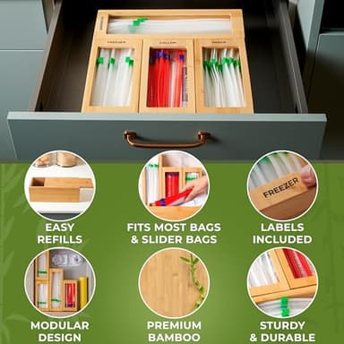 Storage Bag Organizer, Bamboo Baggie Organizer for Drawer, 4 Modular Blocks with Labels, Plastic Bag Storage Organizer, Quick Refill, Compatible with Gallon, Quart, Sandwich, Snack size bags - Image 4