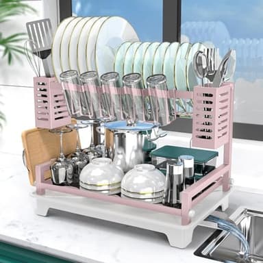 B-Land Dish Drying Rack, 2 Tier Dish Racks for Kitchen Counter, Large Dish Drying Rack with Drainboard & Utensil Holders, Rust-Proof Dish Drainers,Kitchen Organization - Image 3
