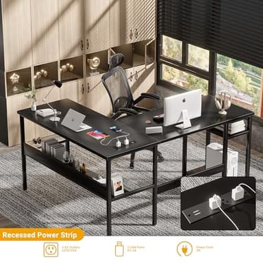 Unikito Reversible L Shaped Desk with Magic Power Outlets and USB Charging Ports, Sturdy Corner Computer Desk with Storage Shelves, Gaming Table Home Office Desk, Easy to Assemble, Black - Image 4