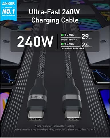 Anker Nano USB C Cable, 240W 6FT Flexible Multi-Color Braided Cord, Fast Charging Type C Charger for iPhone 17 Series, MacBook Pro and More(Black) - Image 2