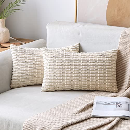MIULEE Pack of 2 Corduroy Decorative Lumbar Throw Pillow Covers 20x12 Inch Soft Boho Striped Pillow Covers Modern Farmhouse Home Decor for Sofa Living Room Couch Bed Cream White - Image 1