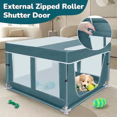 Dog Kitten Playpen with Cover, 42x42 x25.5 Puppy Playpen for Small Pet with See-Through Topper Proof, Green - Image 3