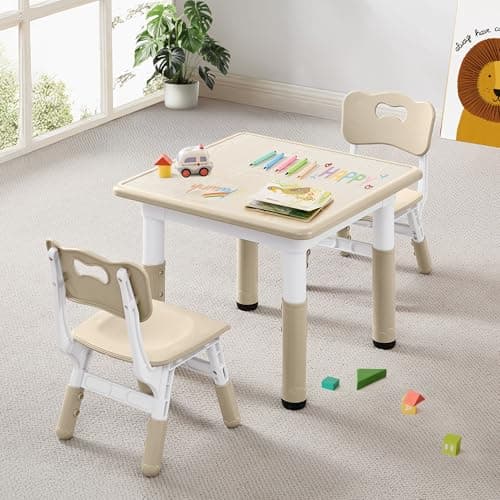 CuFun Kids Table & Chairs Set (2 Chairs) Height Adjustable for Ages 2-8 | Non-Slip Toddler Activity Table with Wipe-Clean Desktop, Montessori Learning & Art Drawing Table for Home Preschool - Image 1