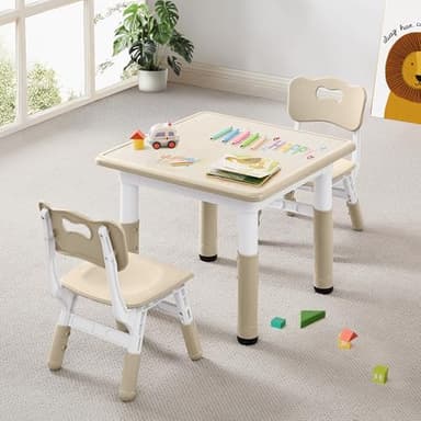 CuFun Kids Table & Chairs Set (2 Chairs) Height Adjustable for Ages 2-8 | Non-Slip Toddler Activity Table with Wipe-Clean Desktop, Montessori Learning & Art Drawing Table for Home Preschool - Image 1