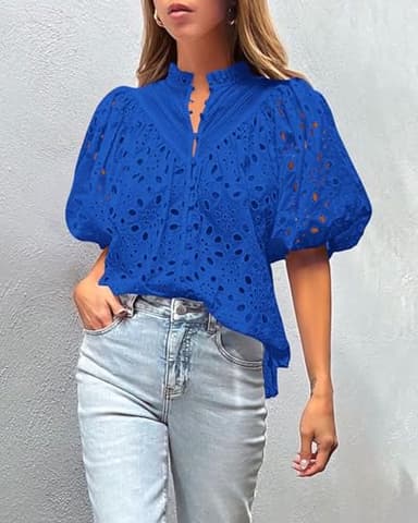PRETTYGARDEN Women's Summer Tops 2025 Dressy Casual Short Sleeve V Neck Buttons Hollow Out Lace Embroidered Blouses Shirts (Blue,Large) - Image 4