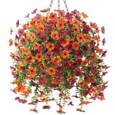 Artificial Fake Hanging Flowers Plants with Basket Spring Outdoor Decor,Faux Silk Colorful Daisy in Planter Boxwood No Fade Plastic Shrubs Farmhouse Home Garden Porch Patio Decoration(Yellow Brown) - Image 1