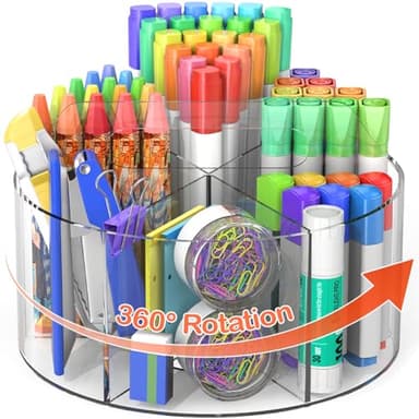 Mefirt Acrylic Pen Holder, 360 Degree Rotating Pen Organizer, Rotating Desk Acrylic Office Organizer with 6 Compartments, Marker Organizer for Kid, Crayon Caddy School Art Supply Storage Organizer - Image 1