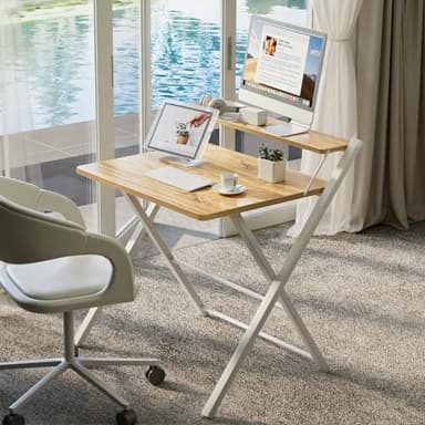 GreenForest Portable Small Desk No Assembly, 2-Tier Compact Computer Desk with Shelf, Space Saving Foldable Table for Home Office, Bedroom or Apartment, Portable Collapsible Sturdy Laptop Desk, Oak - Image 2
