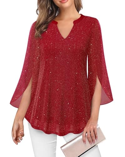 VALOLIA Plus Size Tops For Women Dressy, Ladies Fall Blouses Festival Holiday Beautiful Flowing Tops Luxury Clothing For Women Casual Evening Outfits Sparkly Red X-Large - Image 1