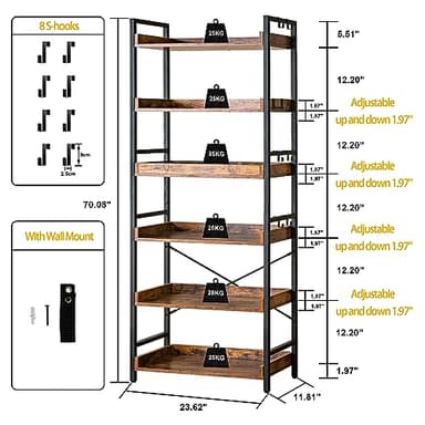 HCHQHS Adjustable 6 Tier Open Bookcase, Rustic Farmhouse Book Shelves, Industrial Wood and Black Metal Bookshelves, Mid Century Bookcase for Home Office Living Room Bedroom - Image 3