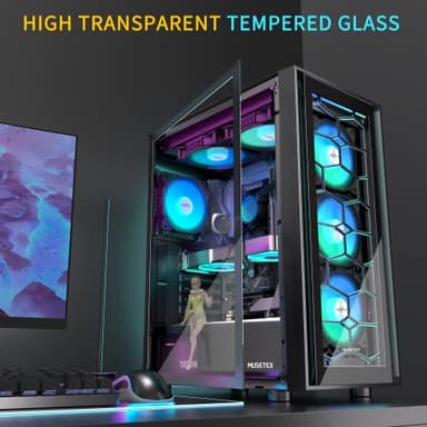 MUSETEX ATX PC Case, 6 PWM ARGB Fans Pre-Installed, Computer Case with Opening Tempered Glass Door, Mid Tower Gaming PC Case, USB 3.0 x 2, Black, G07 - Image 3