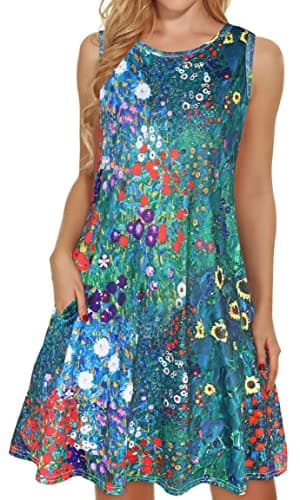 Summer T-Shirt Dress for Women Sleeveless Beach Bohemian Floral Sundress Tunic Swing Casual Loose Pockets(Blue Garden Floral,XL) - Image 1