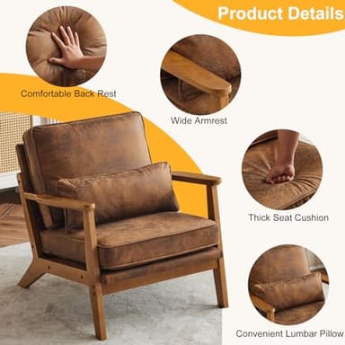 Karl home Accent Chair Wide Armrest Mid-Century Lounge Chair Bronzing Cloth Armchair with Lumbar Pillow & Solid Wood Frame for Living Room, Bedroom, Balcony, Brown - Image 3