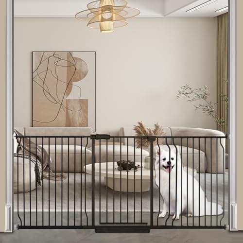 COSEND Extra Wide Baby Dog Gates for Doorways Tension Indoor Safety Gates Black Metal Large Pressure Mounted Pet Gate Walk Through Dog Gate for The House Stairs (Black, 76.38"-86.3"/194-219CM) - Image 1