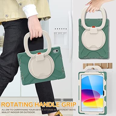 BRAECN Case for iPad (A16) 11th/10th Generation 11”/10.9'' 2025/2022-Heavy Duty Rugged Silicone Cover with Pencil Holder/Rotating Handle Grip/Stable Kickstand/Adjustable Shoulder Strap, Emerald Green - Image 4