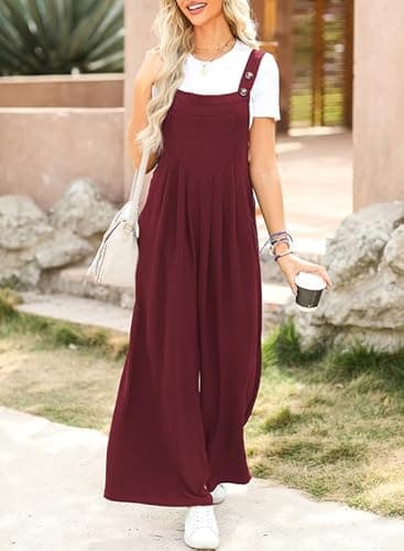 Dokotoo Womens Overalls Red Jumpsuits for Women Casual Loose Fit Solid Color Wide Leg One Piece Sleeveless Jumpsuit Adjustable Straps Long Pant Rompers with Pockets Medium - Image 3