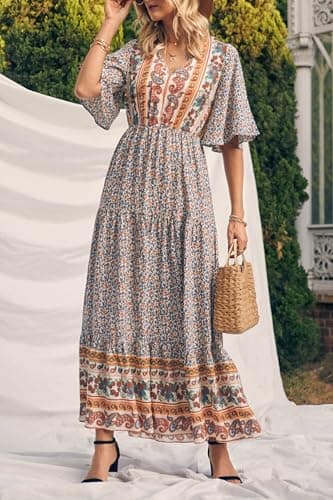 PRETTYGARDEN Women's Casual Summer Boho Floral Print Dress V Neck Short Sleeve High Waist Long Maxi Beach Dresses (White Floral,Large) - Image 3