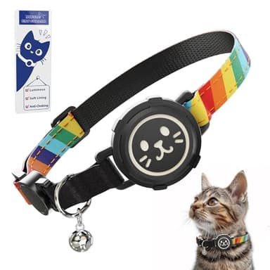 Supet Airtag Cat Collar with Soft Padding, Breakaway Cat Tracker Collar with Air Tag Holder, Luminous Cat Collar Airtag Holder, Rainbow, 7"-9" - Image 1