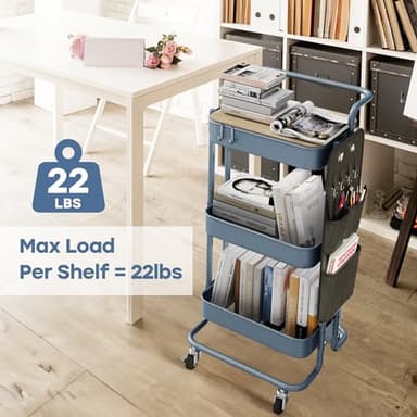 DTK 3 Tier Metal Utility Rolling Cart with Table Top and Side Bags, Metal Tray Storage Organizer Cart with Wheels, Art Craft Cart with 4 Hooks for Kitchen Bathroom Office Living Room (Blue) - Image 3