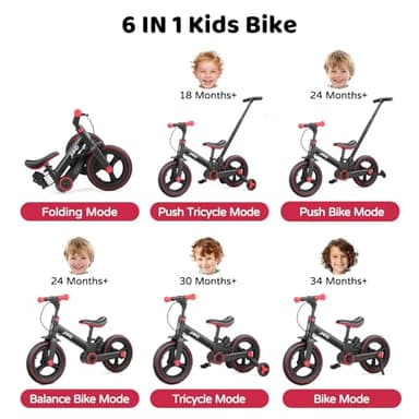 JMMD Toddler Bike with Push Handle for Kids 18-60 Months, 6 in 1 Foldable Push Bike with Training Wheels, Pedals, Brakes, Kickstand, Kid Balance Bike Gift & Toys for Boy & Girl, Black - Image 2