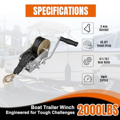 Jack Boss Hand Winch, 2000 lbs Pulling Capacity, Boat Trailer Winch Heavy Duty Rope Crank with 26.3 FT Polyester Strap, Manual Operated Hand Crank Winch for Trailer, Boat or ATV Towing - Image 4