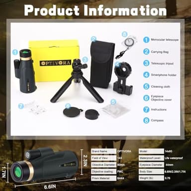 OPTIVORA Monoculars for Adults High Powered,14x60 Monoscope for Adults High Powered,Monocular Telescope with Smartphone Adapter and Tripod Mount,Monoscope Suitable Birdwatching Concert, etc. - Image 6