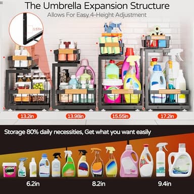 ADBIU Under Sink Organizer, 2 Pack 2 Tier Expandable Height (13.2" - 17.2") Pulling Out Kitchen Bathroom Cabinet Organizers - Image 4