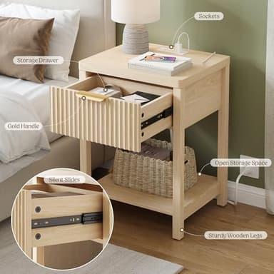 Lulive Night Stand Set 2, Fluted Nightstand with Charging Station, Wood Modern Bedside End Table with Storage Drawer for Bedroom, Save Space (Set of 2, Natural Oak) - Image 4