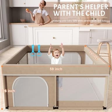 Omzer Baby Playpen with Mat 71"×59" - Extra Large Playpen for Babies and Toddlers with Mat Included, Safety Playard for Baby with Gate, All-Wrapped Soft Sponge Baby Gate Playpen with Stable Mat Velcro - Image 2