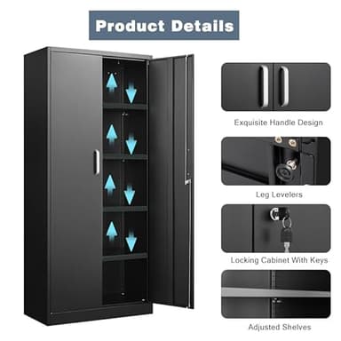 Approgreent Metal Storage Cabinet with Adjustable Shelves, Garage Cabinet with 2 Lockable Doors, Garage Storage Cabinet, Kitchen Pantry Cabinet - 71'H, Black - Image 4