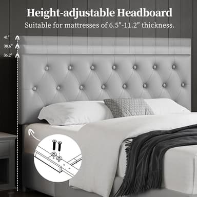 Yaheetech Queen Bed Frame with Adjustable Diamond Button-Tufted Headboard/3 Drawers Storage, Queen Platform Bed/Strong Wooden Slats, Light Gray - Image 4