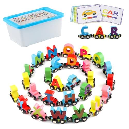 Wondertoys Wooden Alphabet Train Toy 27 PCS Magnetic Alphabet ABC Letter Train Set Includes 42 PCS Flash Cards, 1 Engine and 1 Storage Box for Toddlers Kids Boys and Girls - Image 1