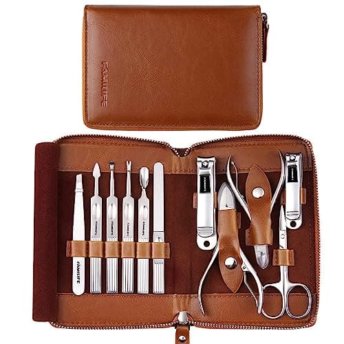 FAMILIFE Manicure Set, Professional Manicure Kit Nail Clippers Set 11 in 1 Stainless Steel Pedicure Tools Nail Kit Men Grooming Tool with Portable Brown Leather Travel Case Luxury Gifts for Him - Image 1