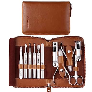 FAMILIFE Manicure Set, Professional Manicure Kit Nail Clippers Set 11 in 1 Stainless Steel Pedicure Tools Nail Kit Men Grooming Tool with Portable Brown Leather Travel Case Luxury Gifts for Him - Image 1