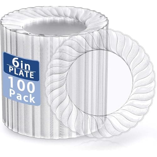U-QE 100 Pieces Clear Plastic Plates-6 Inch Plastic Dessert Plates Disposable - Washable & Reusable - Premium Hard Clear Plates Fancy Disposable Heavy Duty Plastic Plates for Party,Weddings and Events - Image 1