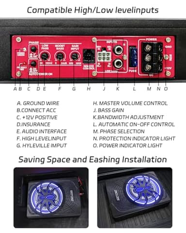 2025 Upgraded 10"1200W Slim Under Seat Powered Car Subwoofer, Car/Truck Sub Built in Amplifier for outstanding Heat Dissipation, Powerful bass and Blue LED Ambient Light enjoy Audio Experience - Image 7