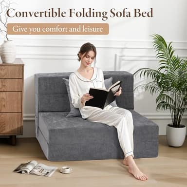 HOMFINE Folding Sofa Bed - Convertible Sleeper Chair with Pillow, Fold Out Couch, Memory Foam Floor Mattress, Futon Couch, Lazy Sofa for Living Room/Dorm/Guest Room/Home Office, Twin, Grey - Image 3