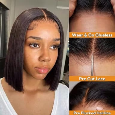 Wear and Go Glueless Bob Wigs Human Hair 5x5 Hd Lace Closure Wig Pre Plucked Pre Cut with Baby Hair 10 Inch Short Straight Bob Wig for Black Women 180% Density Brazilian Virgin Hair Natural Hairline - Image 2